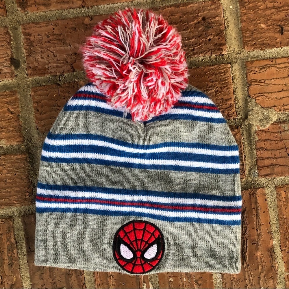 Marvel Spider-Man Youth Unisex Gray Striped Knit Beanie Hat with Pom on Top OS